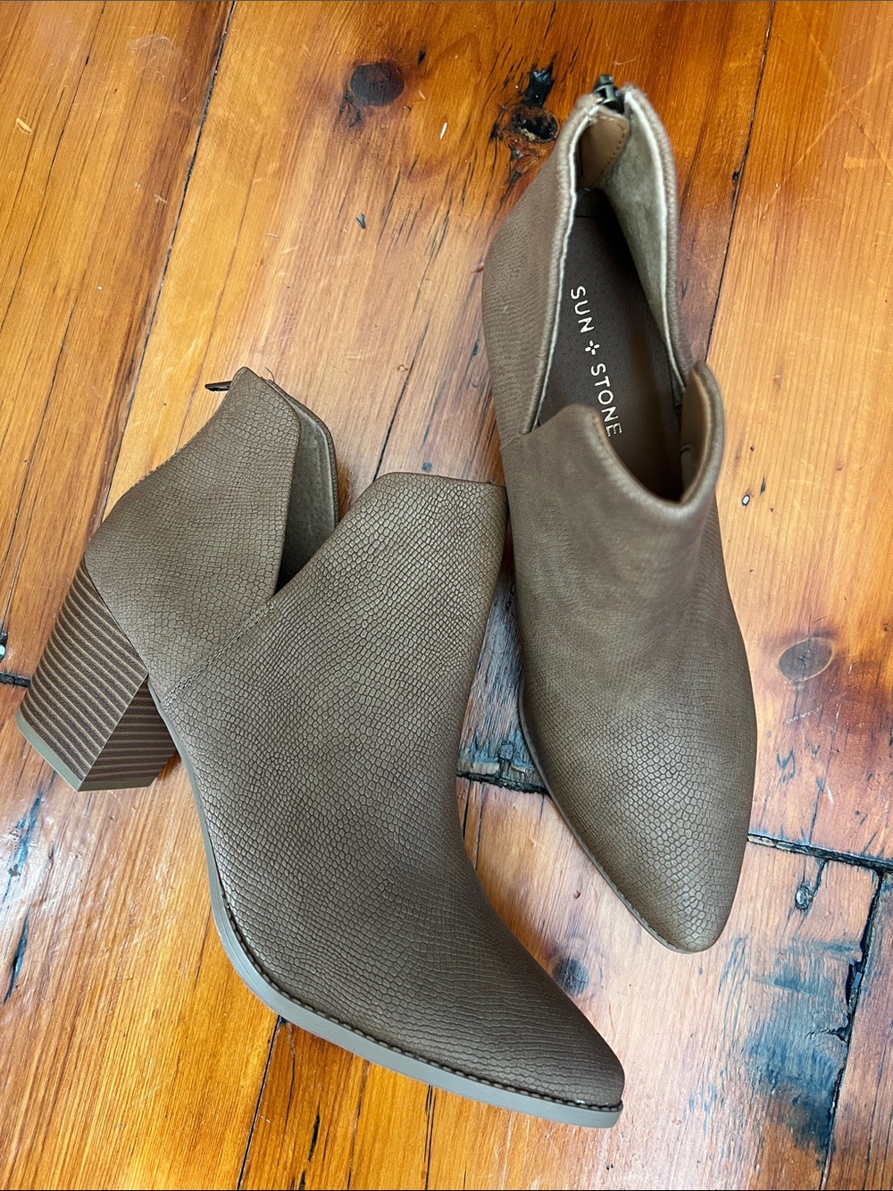 Sun + Stone Taupe Textured Pointed Ankle Booties